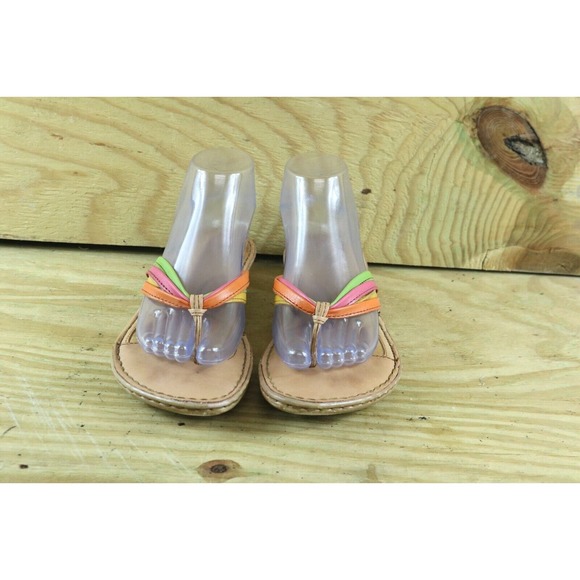 Born Sandals Womens Sz 8 Striped Rainbow Multi Leather Thong Wedge Shoes - Picture 2 of 8